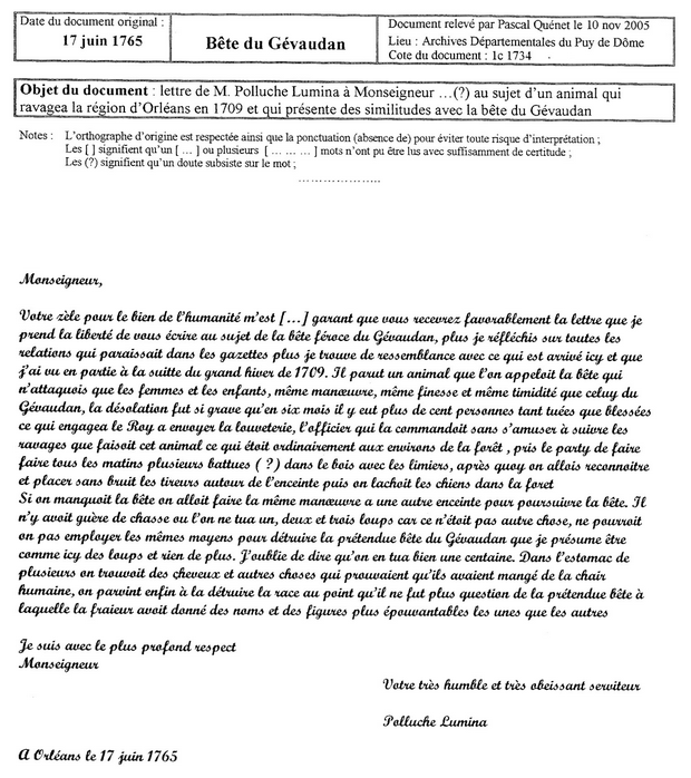 Lettre de Lumina Polluche à propos de la Bête d'Orléans